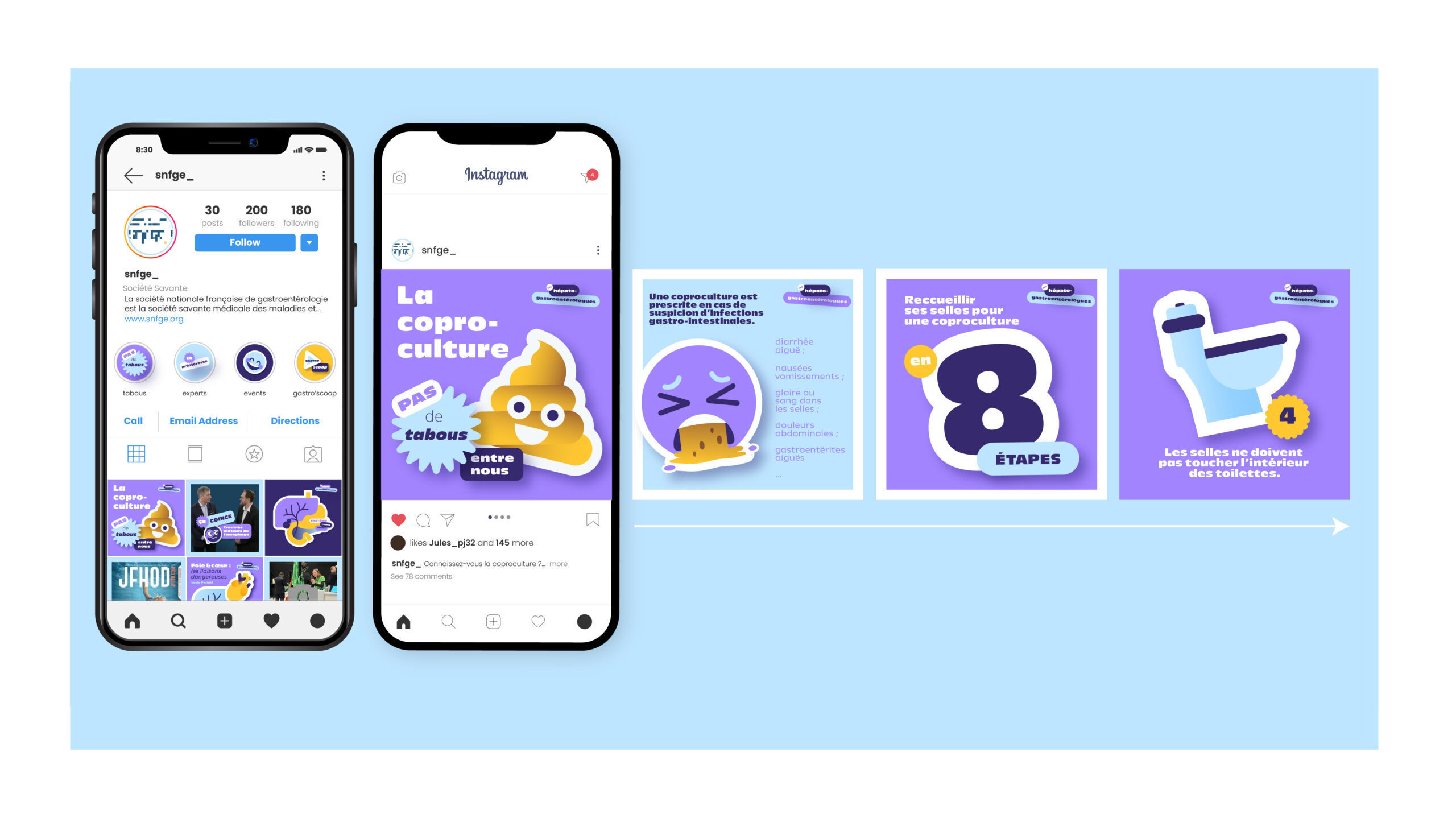 Instagram grid showing consistent branding with sticker overlays, emojis, and thematic categories like taboos and expert advice