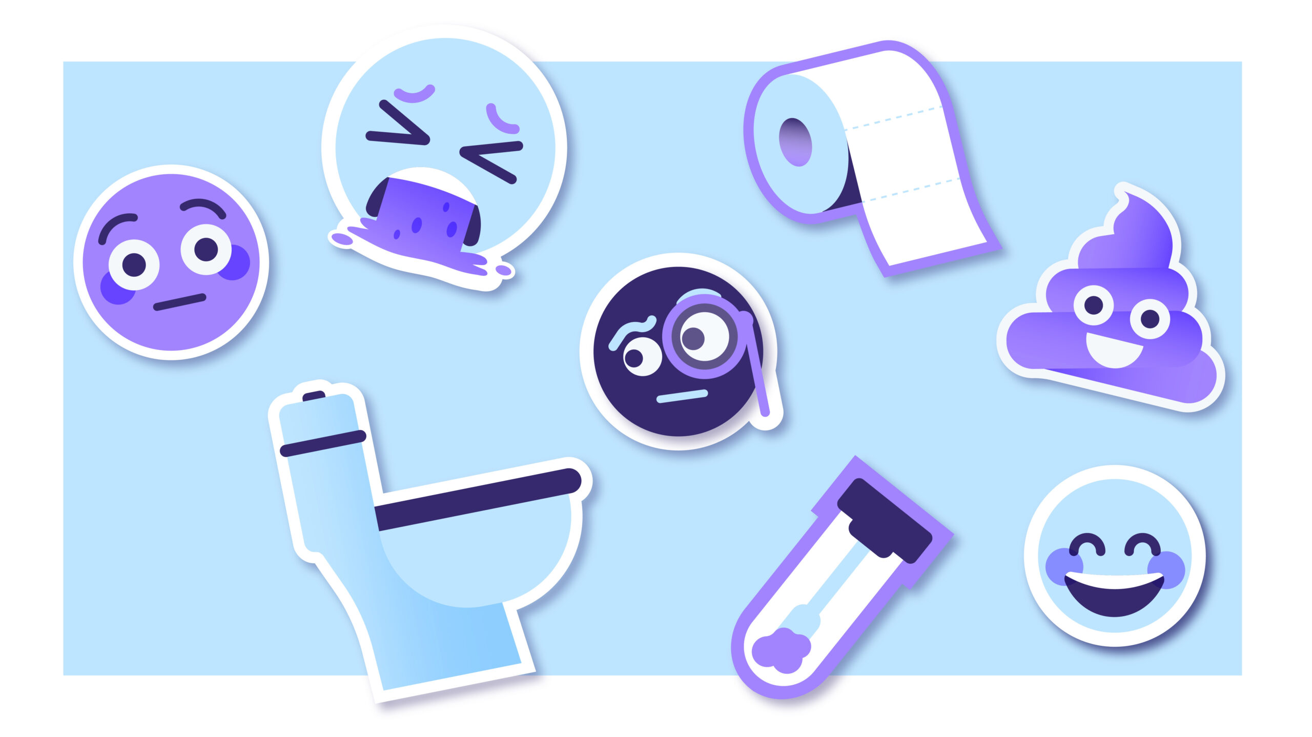 Custom emoji-style illustrations designed to represent medical symptoms and emotions with humor and empathy