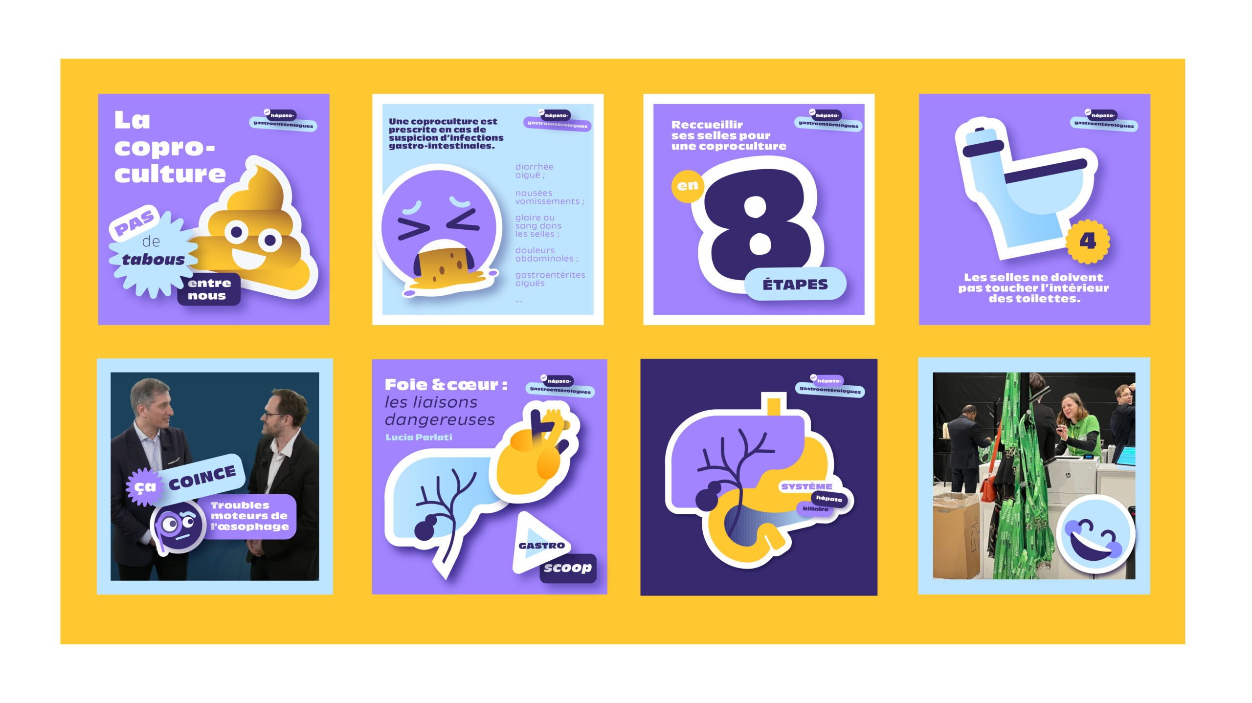 Instagram grid showing consistent branding with sticker overlays, emojis, and thematic categories like taboos and expert advice