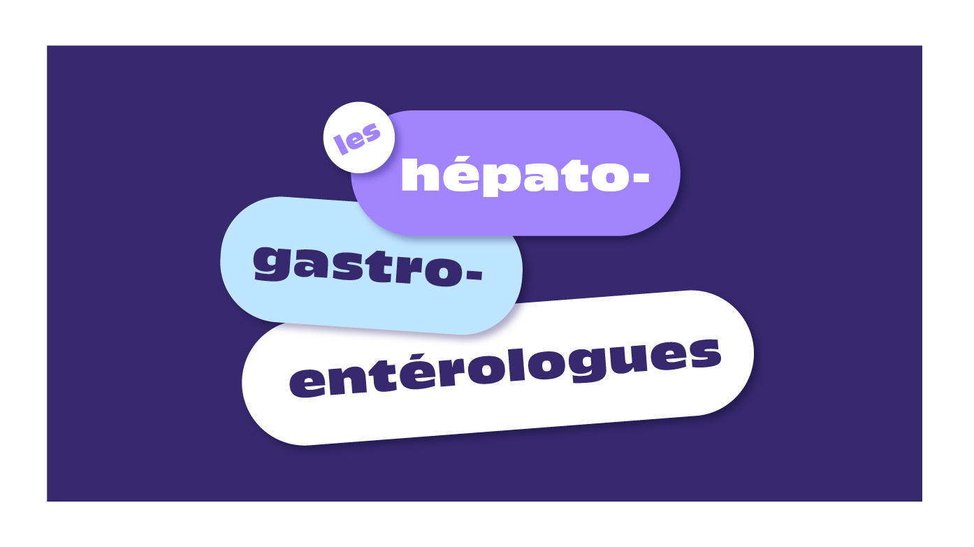 Colorful modular stickers using the long and short forms of 'les hépato-gastroentérologues' as belonging markers for a medical community