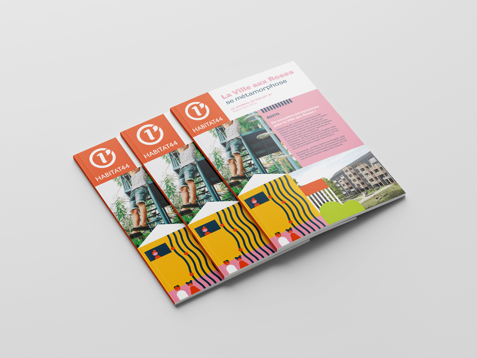 Mosaic-style leaflet mixing illustrations, photography, and typography