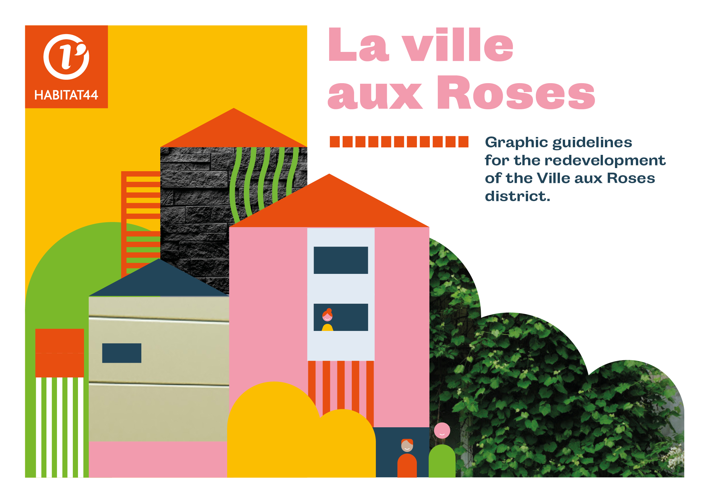 Graphic composition illustrating La Ville aux Roses renovation with modular shapes and warm colors