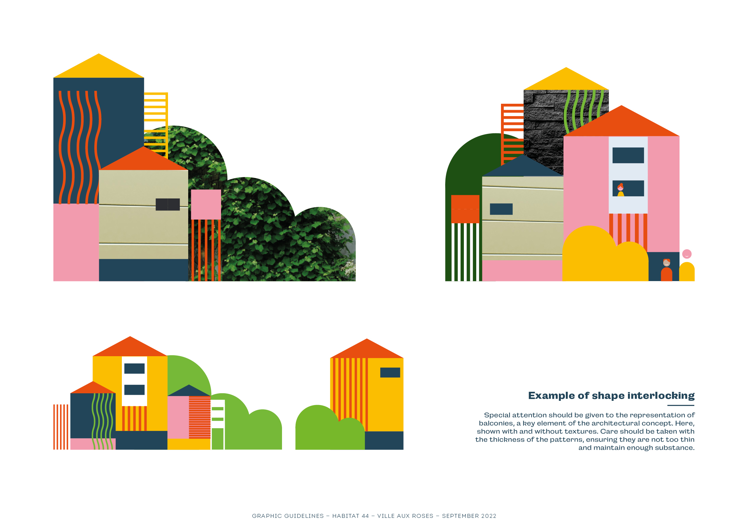Graphic composition illustrating La Ville aux Roses renovation with modular shapes and warm colors