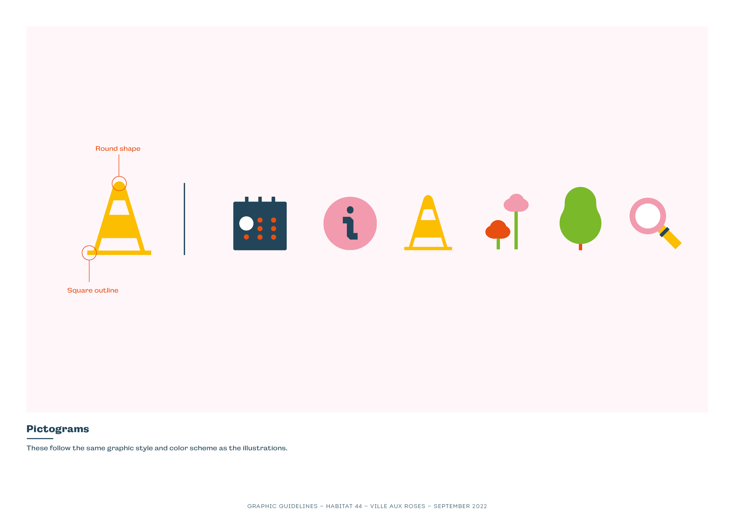 Graphic composition illustrating La Ville aux Roses renovation with modular shapes and warm colors