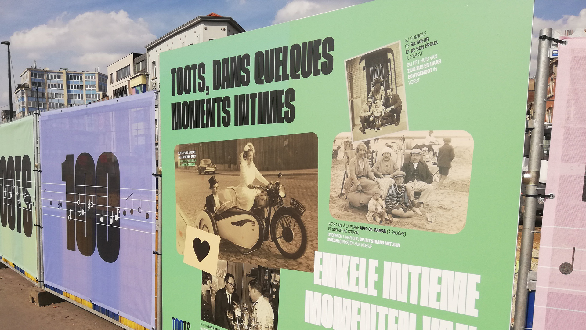 Exhibition panels honoring Toots Thielemans at Brussels Metro 3 construction site