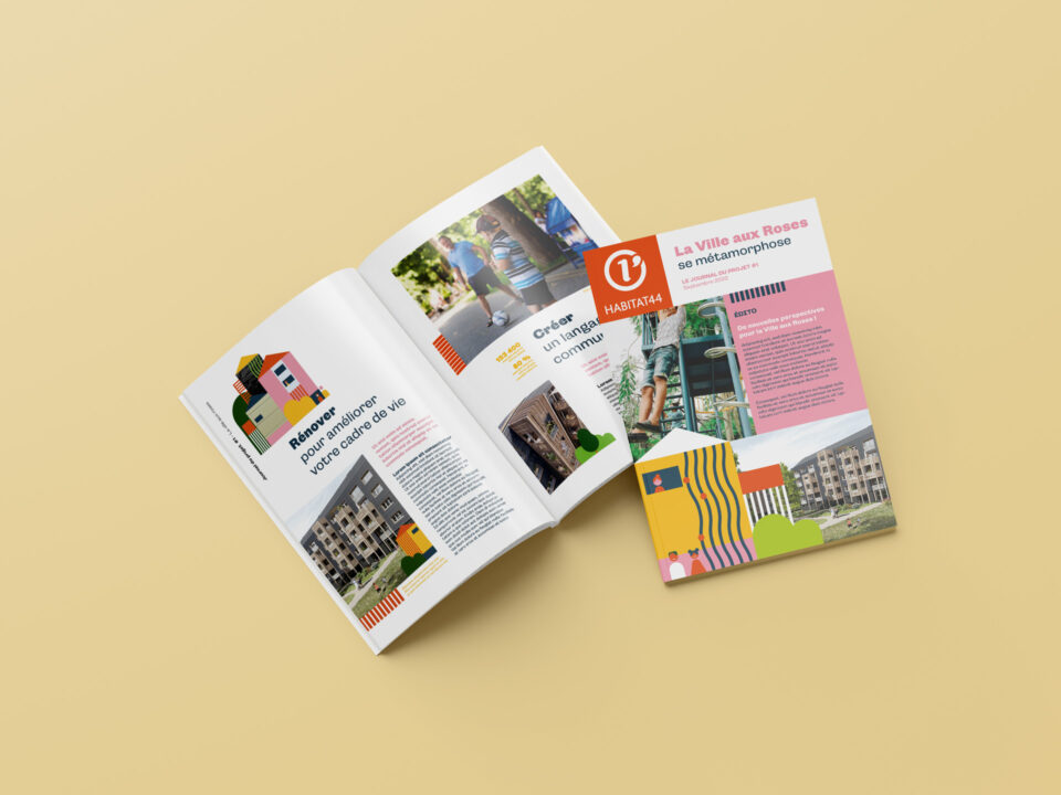 Graphic composition illustrating La Ville aux Roses renovation with modular shapes and warm colors