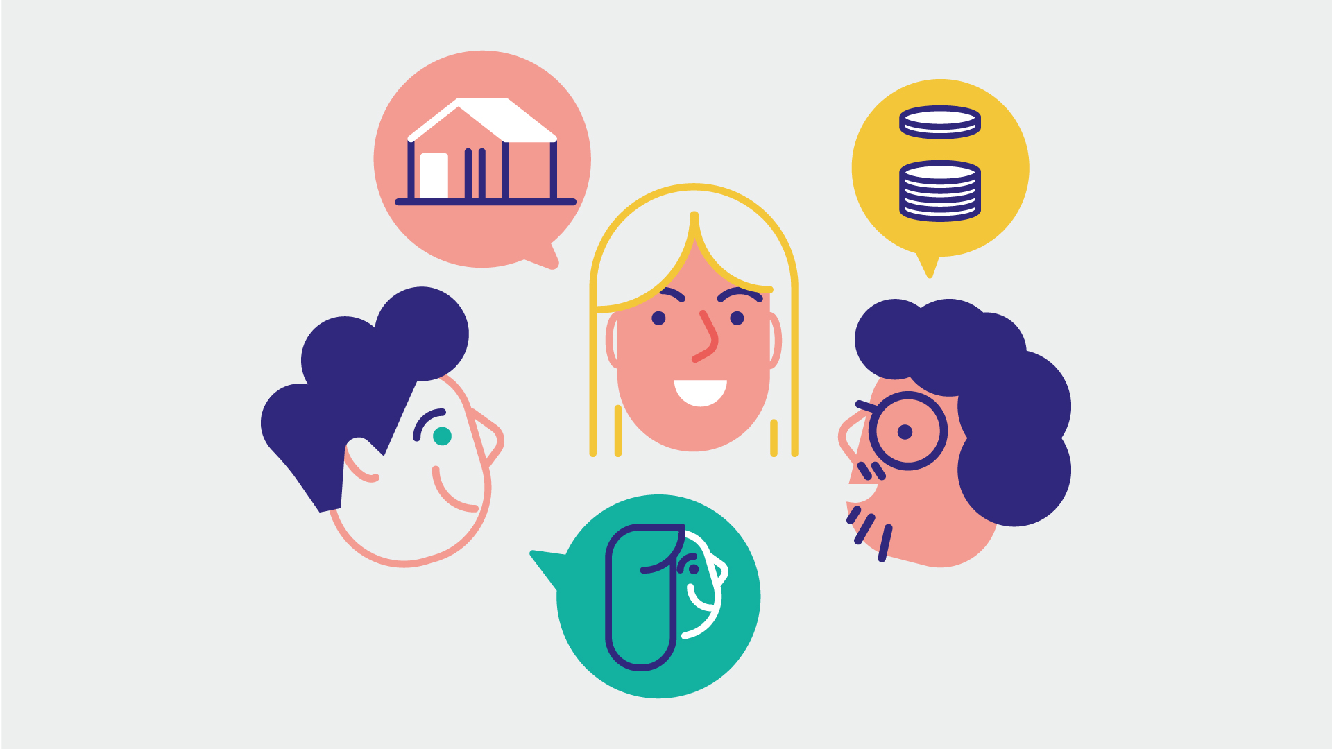 Overview of several illustrated 'Comment faire?' pages using a warm flat design style to explain public initiatives in Orvault - talking with other people