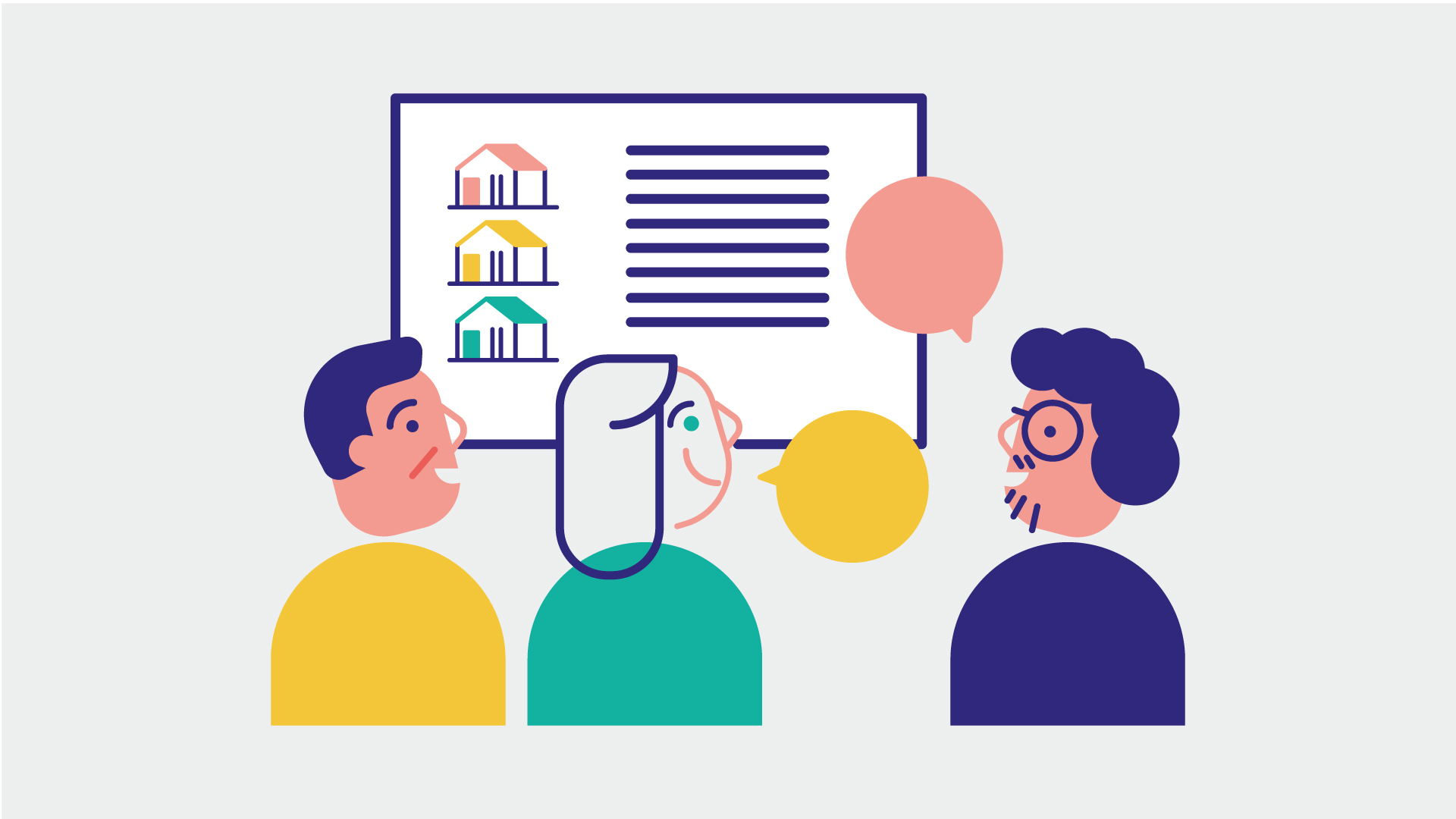 Overview of several illustrated 'Comment faire?' pages using a warm flat design style to explain public initiatives in Orvault - making a plan together